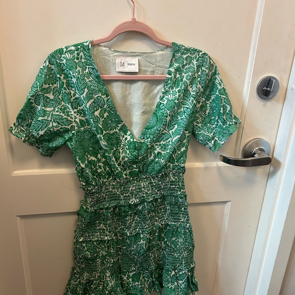 O4 South  Green Floral V-Neck Smocked Waist Dress